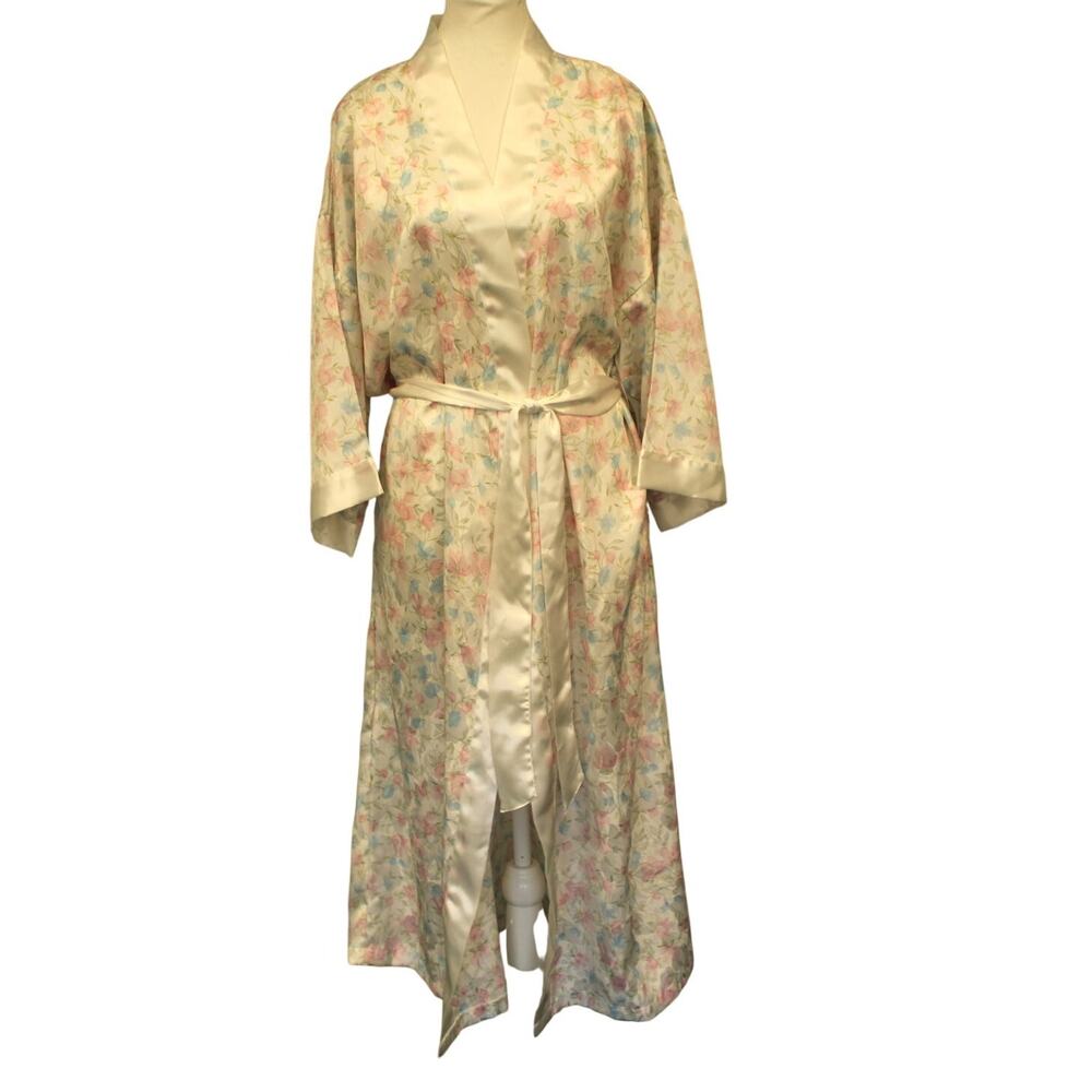 Lord & Taylor Floral Pink & Blue Satin Robe Pockets Sz Med Women's Very Good